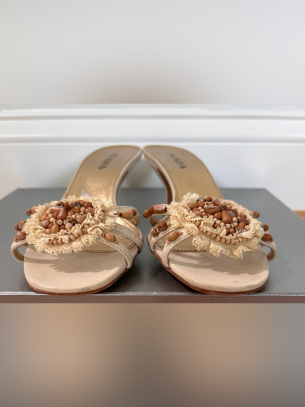 Prada Women's Cream Crochet Lace & Beaded Slide Kitten Heels | 2000s - Picture 5 of 10